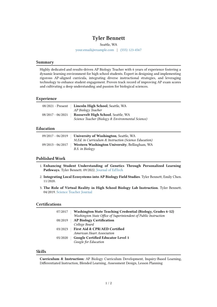 AP Biology Teacher Resume Example CV template preview