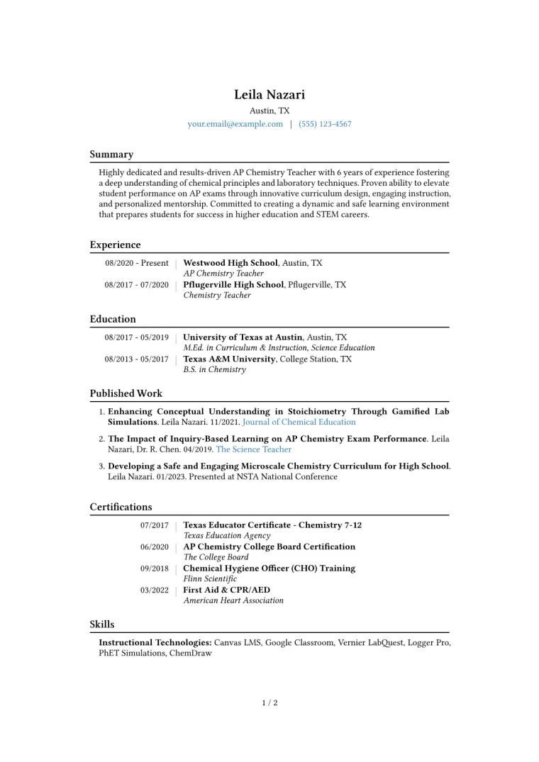 AP Chemistry Teacher Resume Example CV template preview