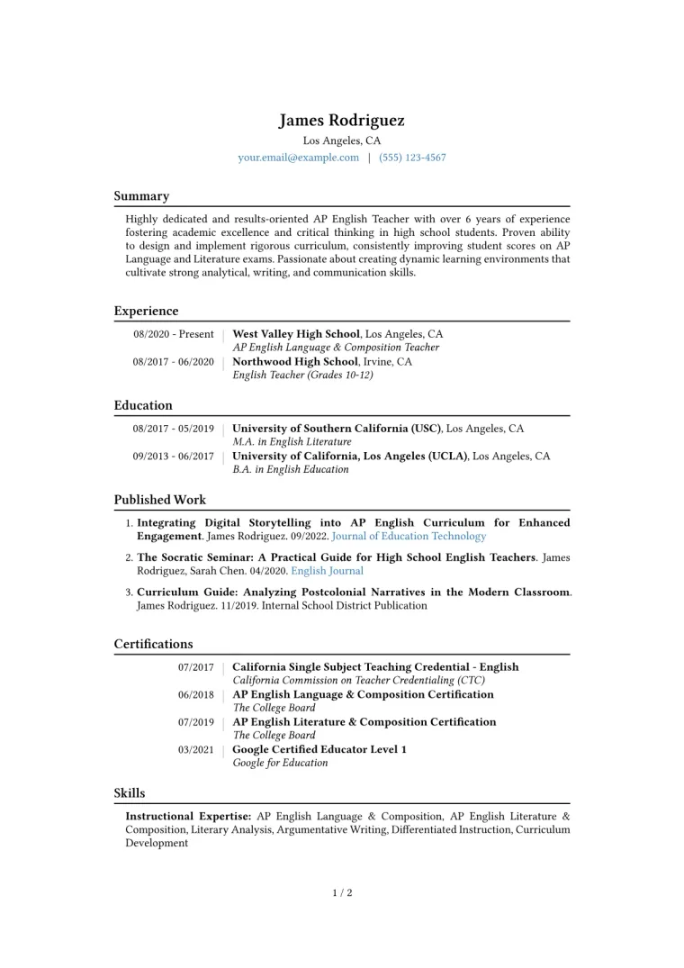 AP English Teacher Resume Example CV template preview