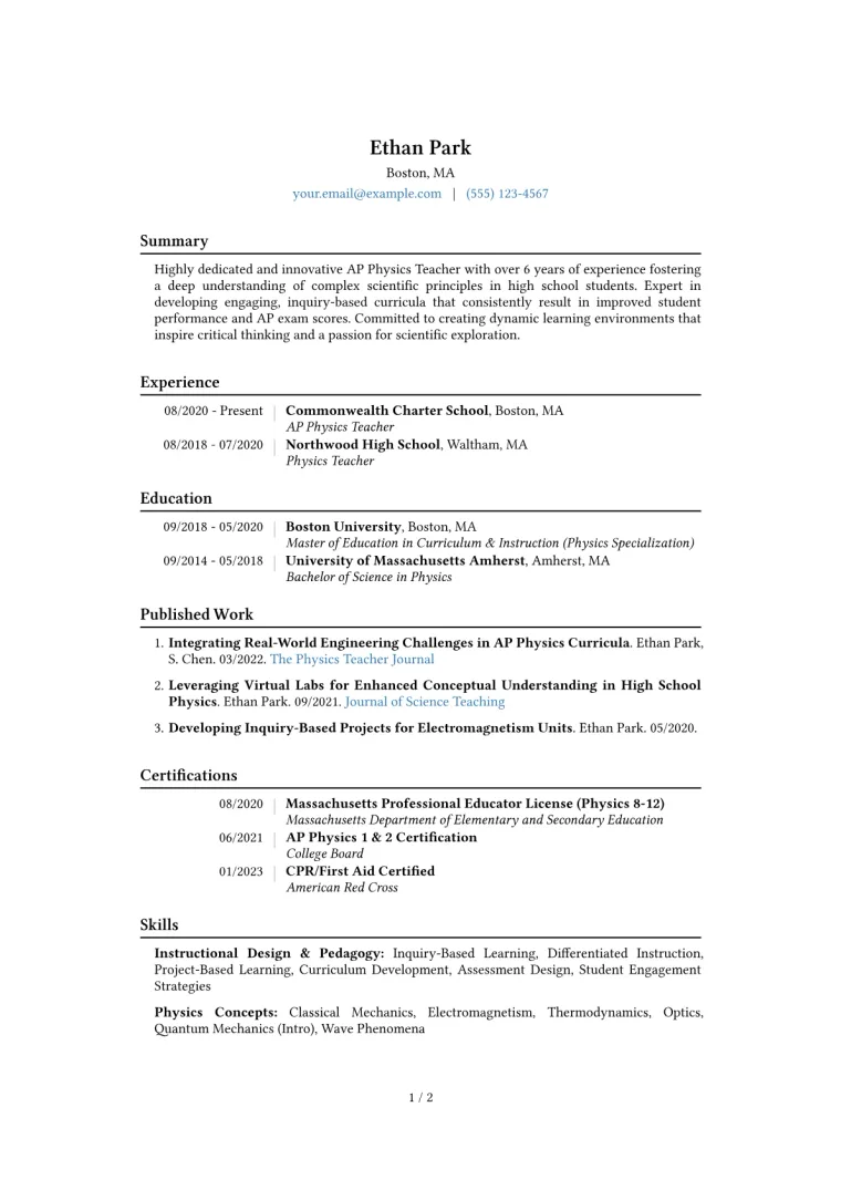 AP Physics Teacher Resume Example CV template preview