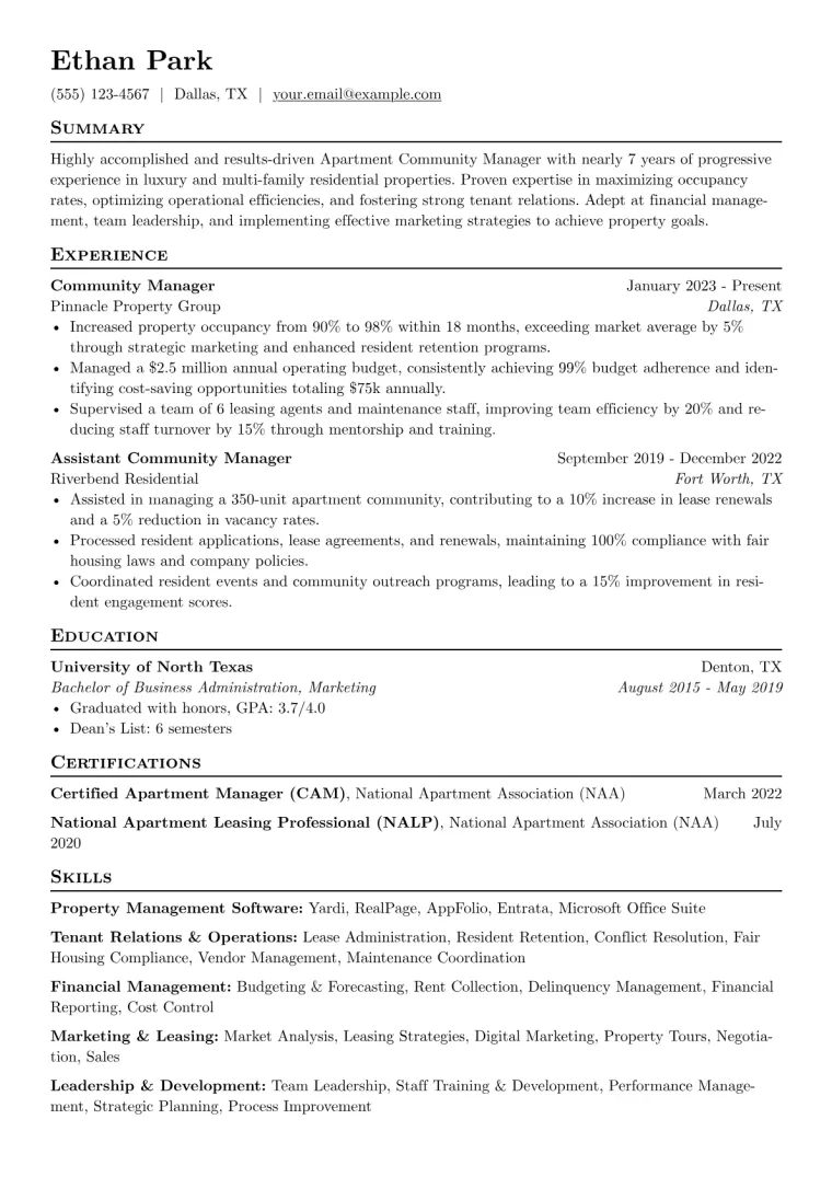 Apartment Community Manager Resume Example preview