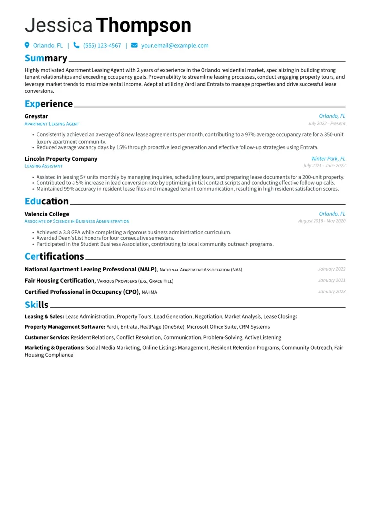 Apartment Leasing Agent Resume Example CV template preview