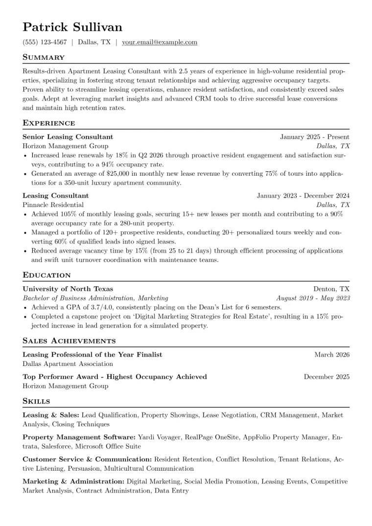 Apartment Leasing Consultant Resume Example preview