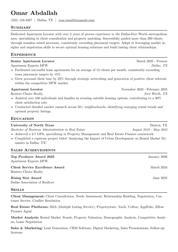 Apartment Locator Resume Example preview