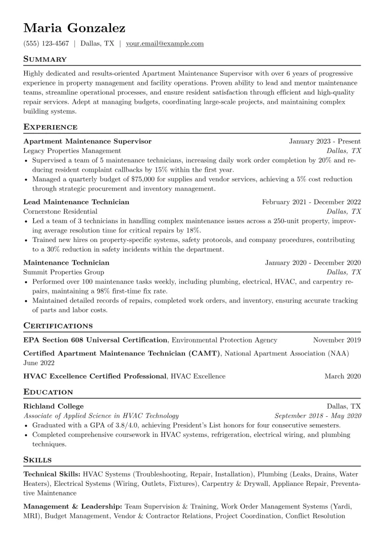 Apartment Maintenance Supervisor Resume Example preview