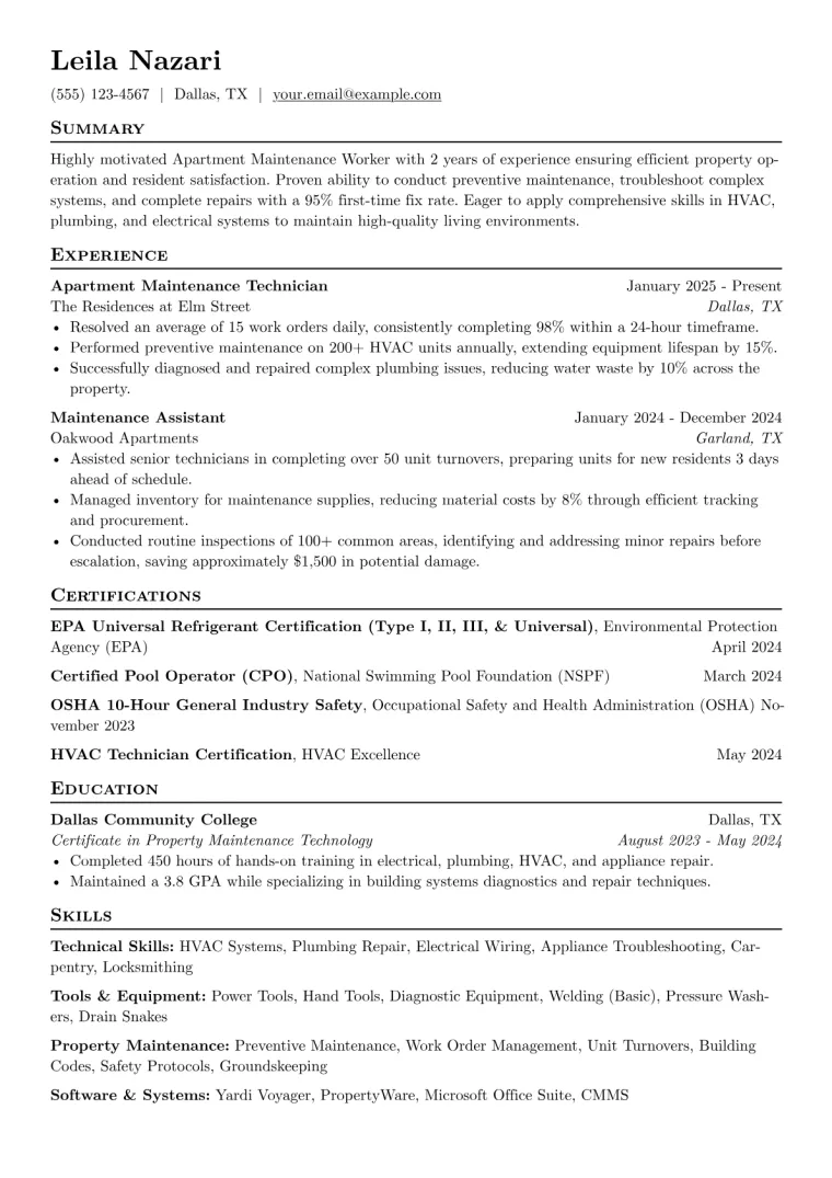 Apartment Maintenance Worker Resume Example preview
