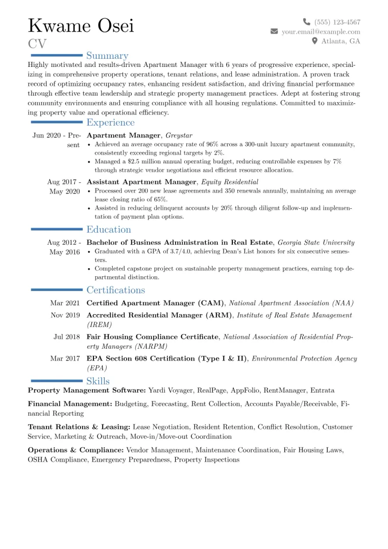 Apartment Manager Resume Example CV template preview