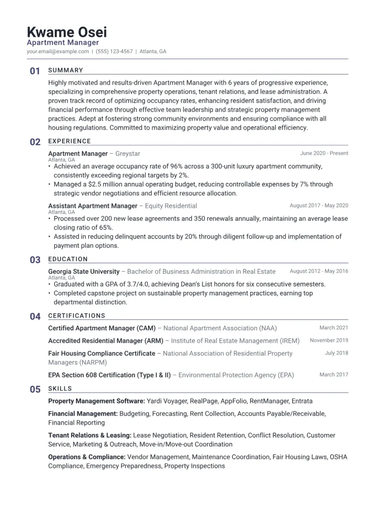Apartment Manager Resume Example CV template preview
