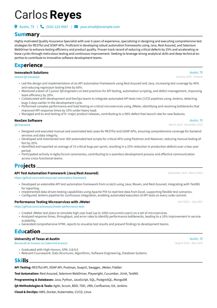API Tester Resume Example CV template preview