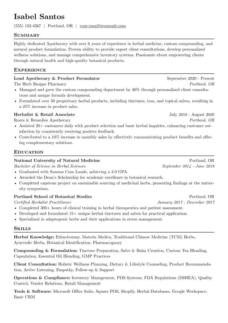 Apothecary Resume Example CV template preview