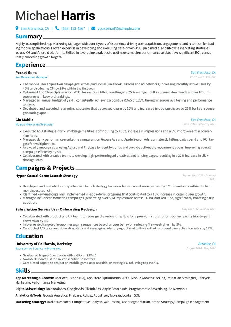 App Marketing Manager Resume Example CV template preview