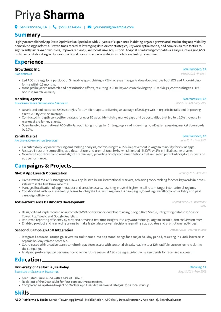 App Store Optimization Specialist Resume Example CV template preview