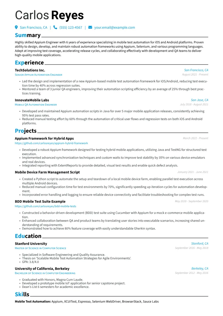 Appium Engineer Resume Example CV template preview