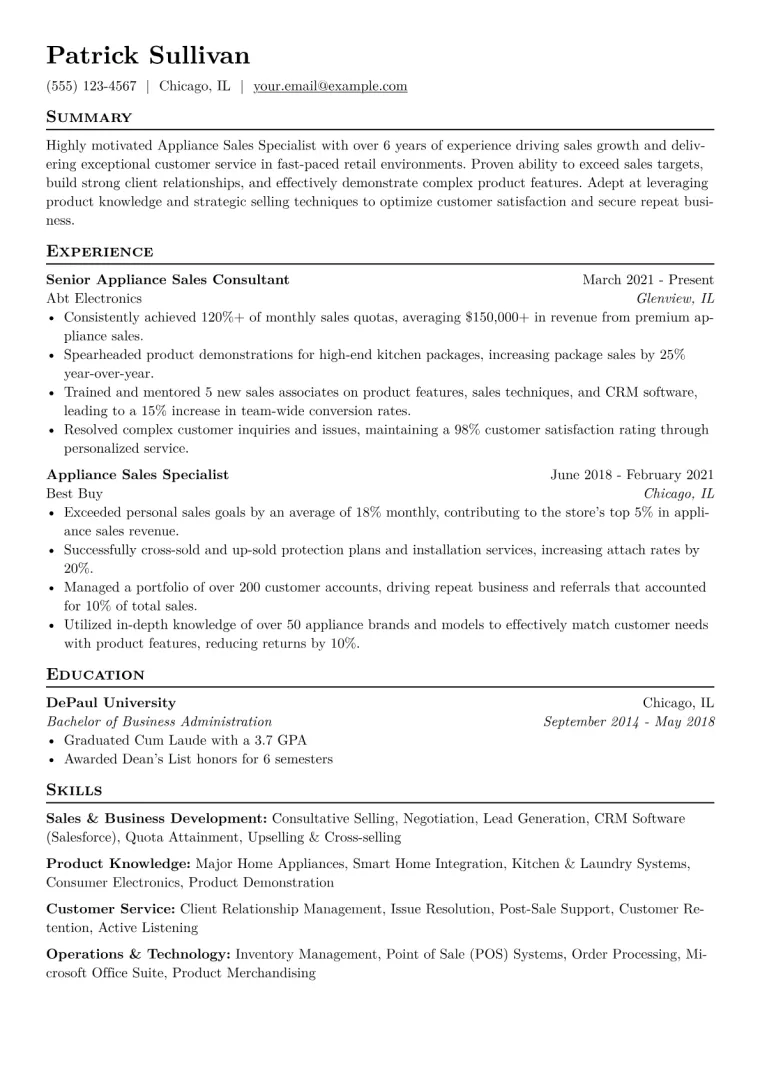 Appliance Sales Specialist Resume Example CV template preview