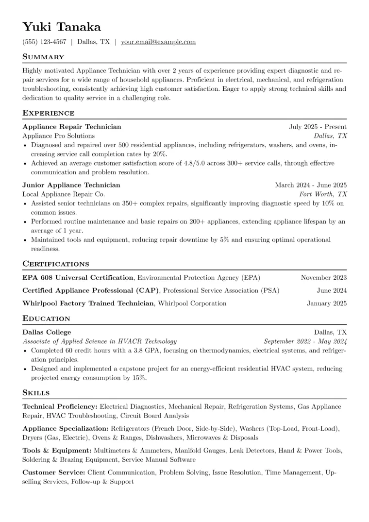 Appliance Technician Resume Example preview
