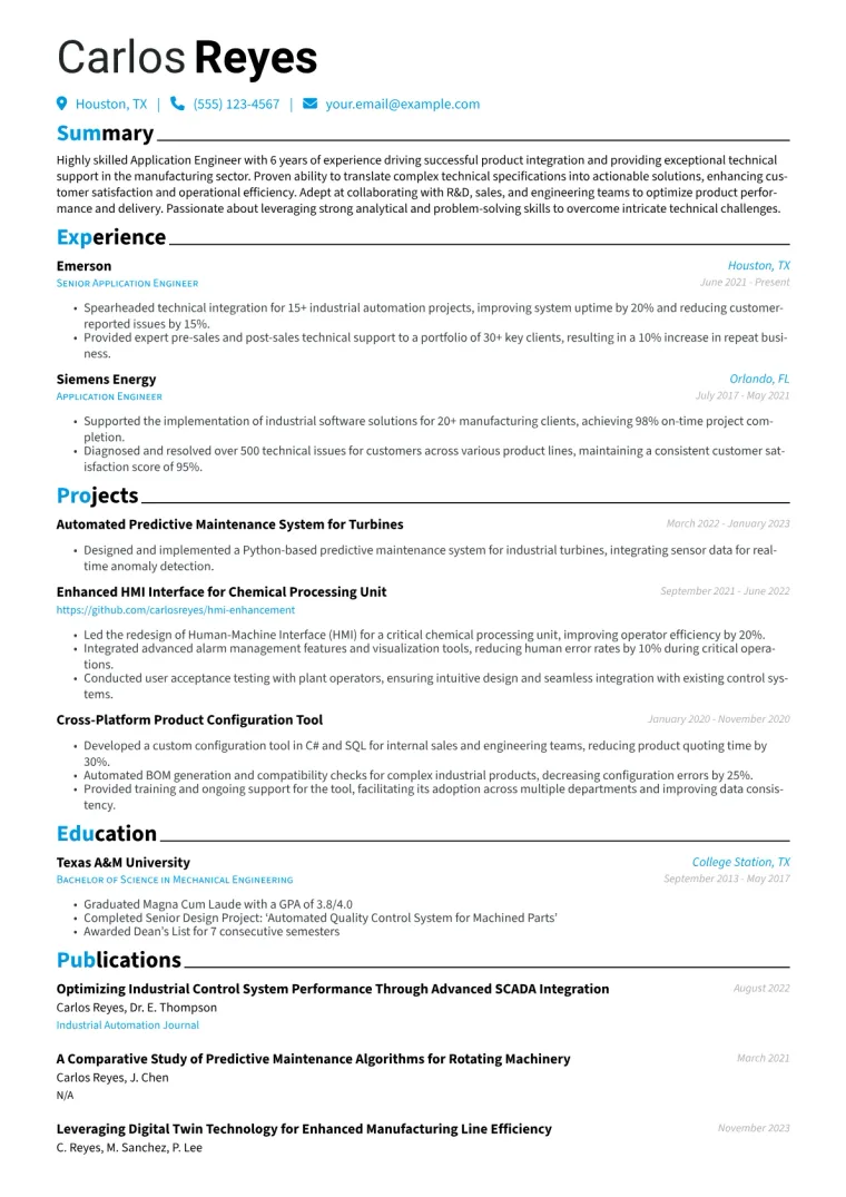 Application Engineer Resume Example CV template preview