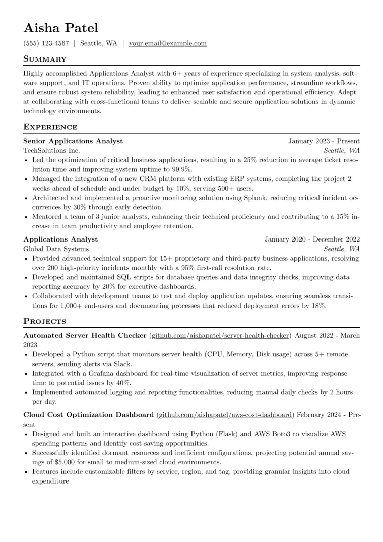 Applications Analyst Resume Example CV template preview
