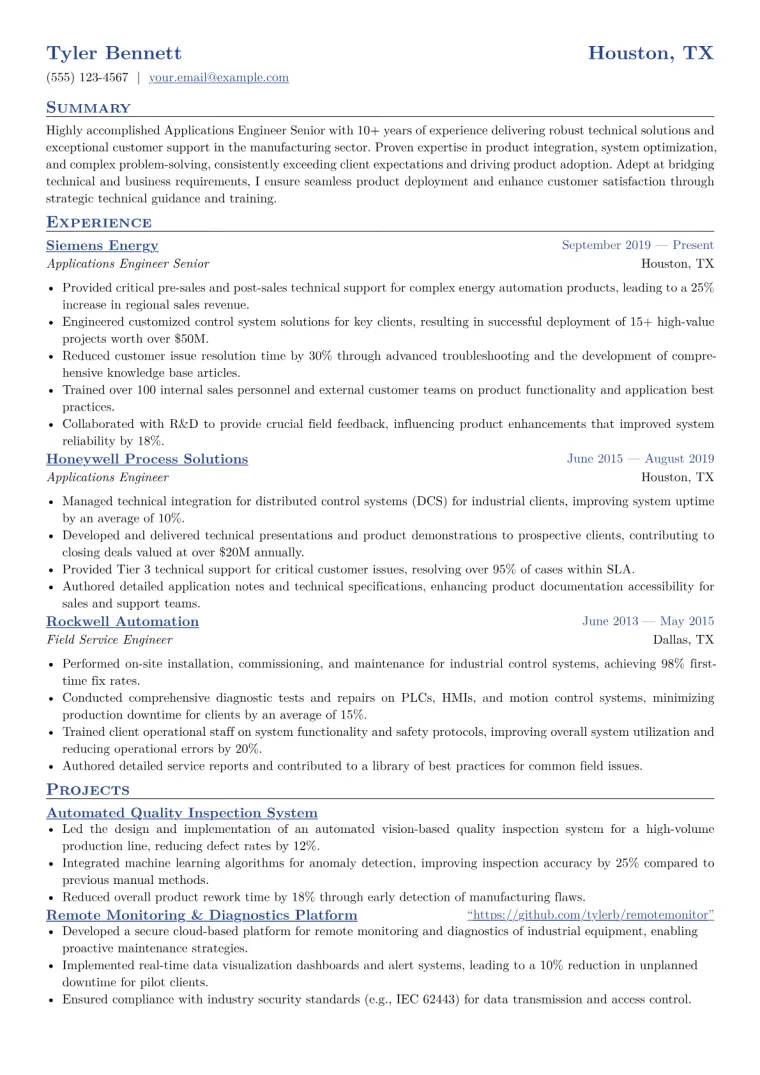 Applications Engineer Senior Resume Example CV template preview