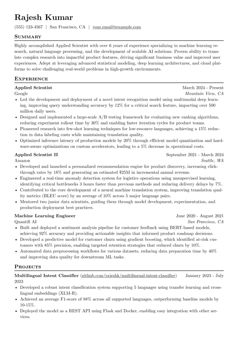 Applied Scientist Resume Example CV template preview