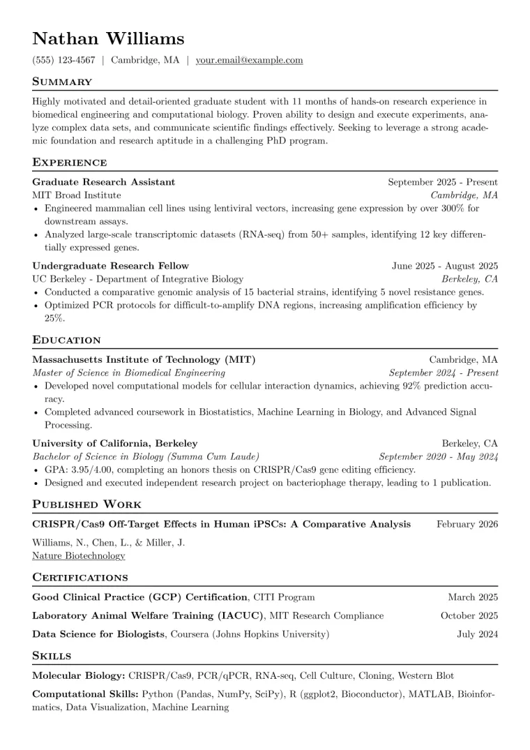 Applying for PhD Resume Example CV template preview