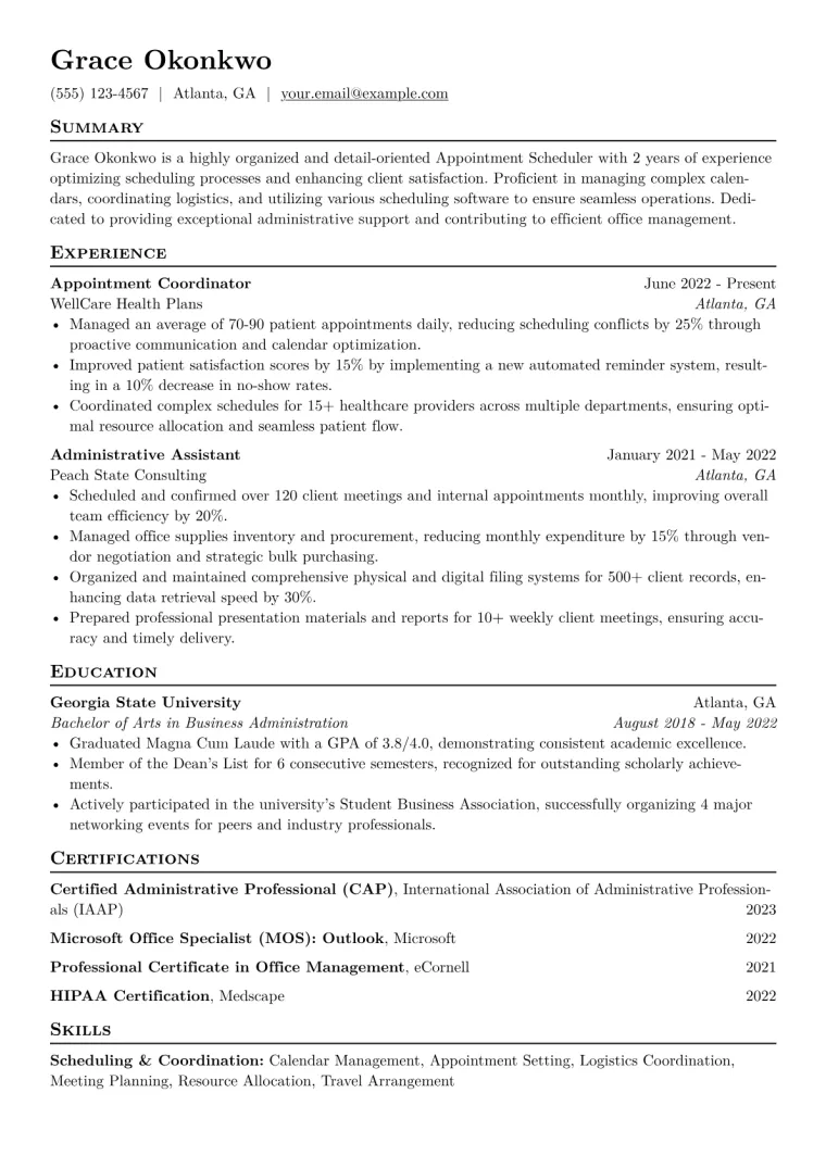 Appointment Scheduler Resume Example CV template preview
