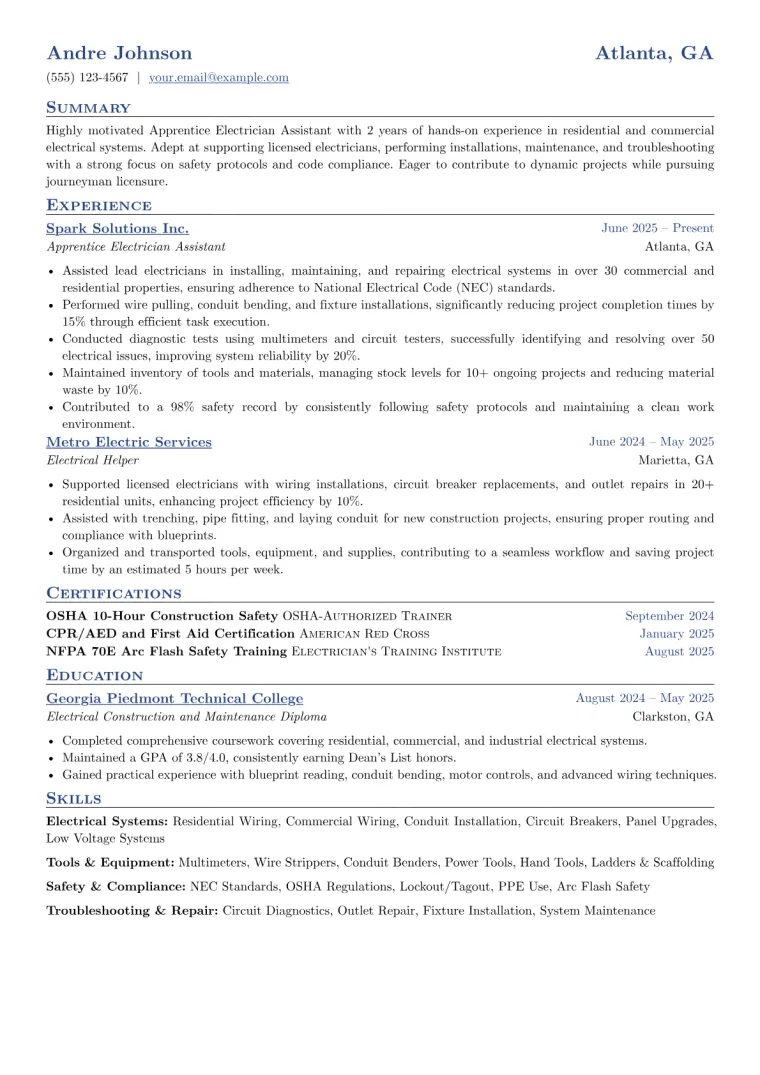 Apprentice Electrician Assistant Resume Example preview