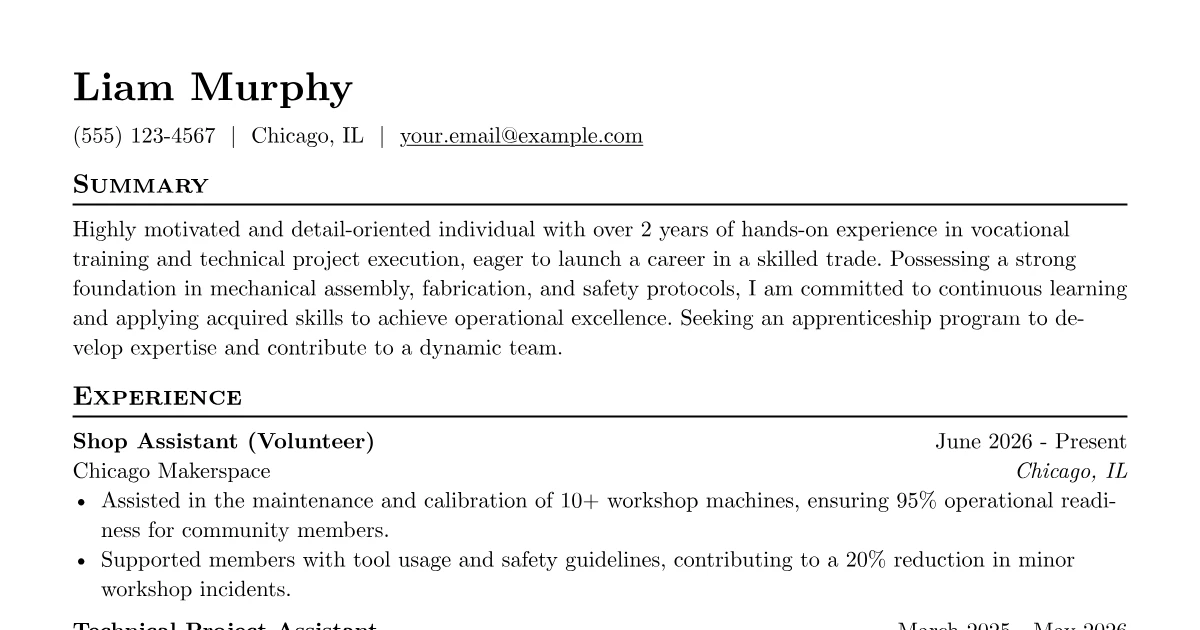 Apprenticeship with No Experience Resume Examples (2026)