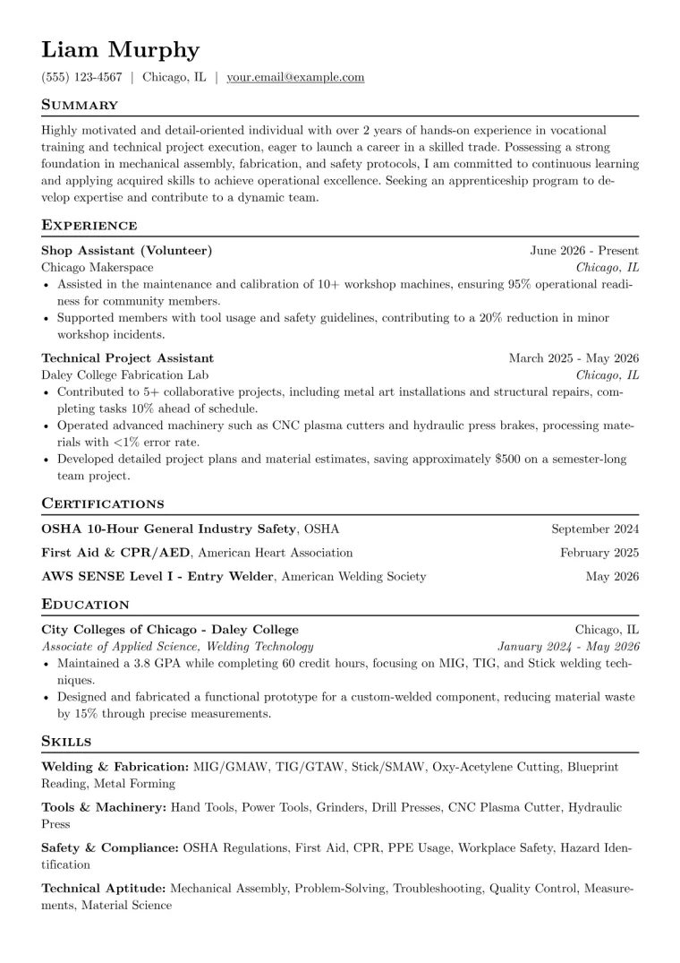 Apprenticeship with No Experience Resume Examples (2026)
