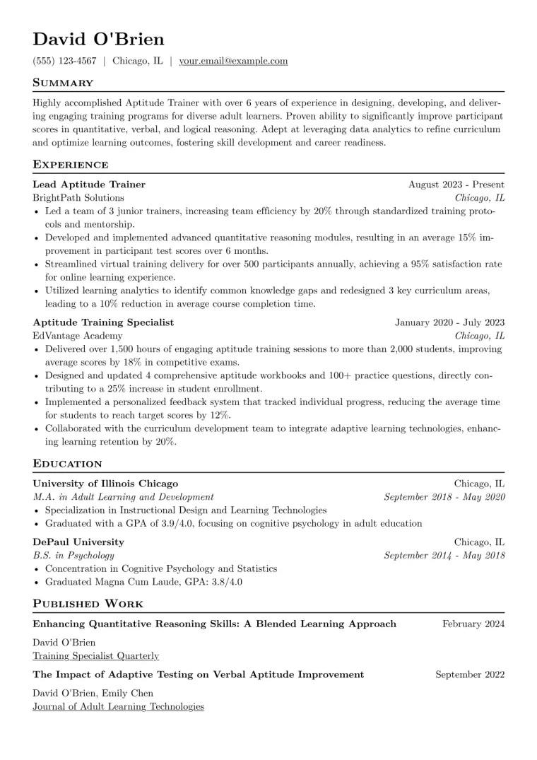 Aptitude Trainer Resume Example CV template preview