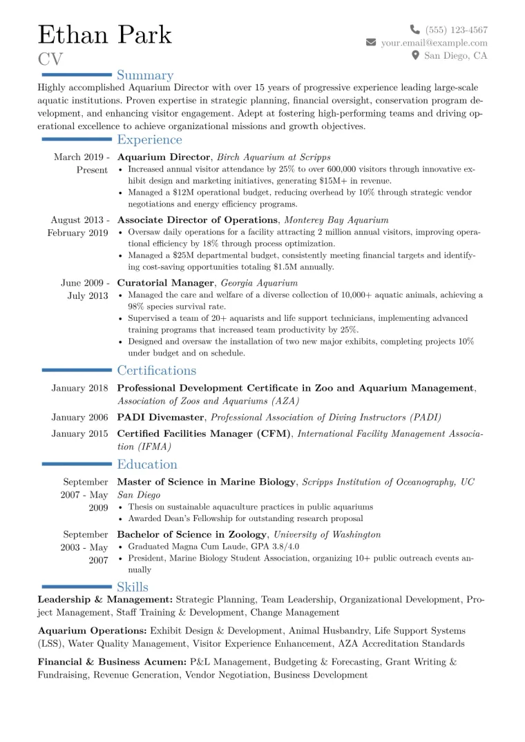 Aquarium Director Resume Example CV template preview