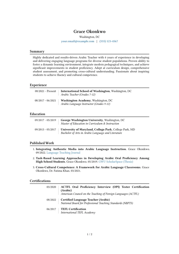 Arabic Teacher Resume Example CV template preview