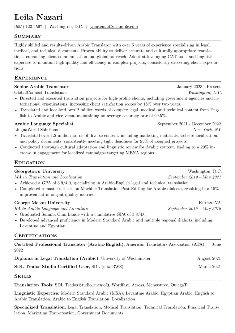 Arabic Translator Resume Example preview