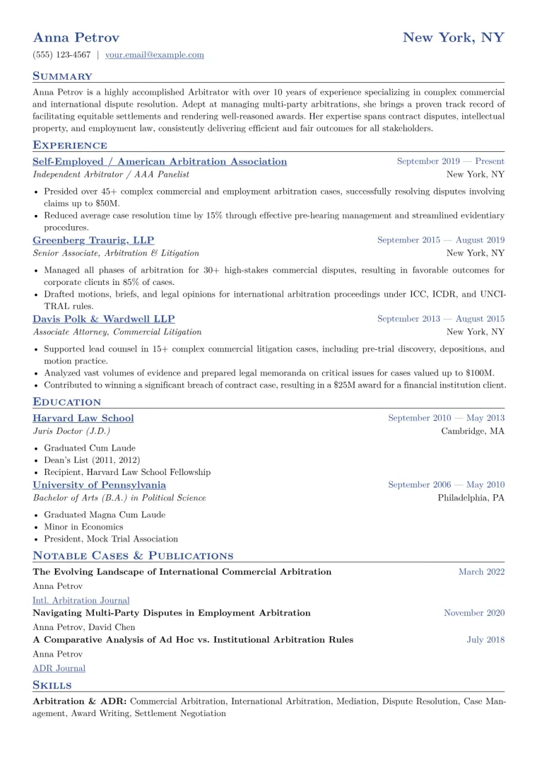 Arbitrator Resume Example CV template preview