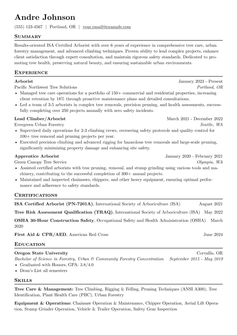 Arborist Resume Example CV template preview