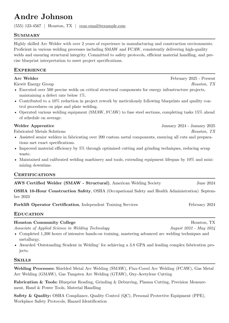 Arc Welder Resume Example preview