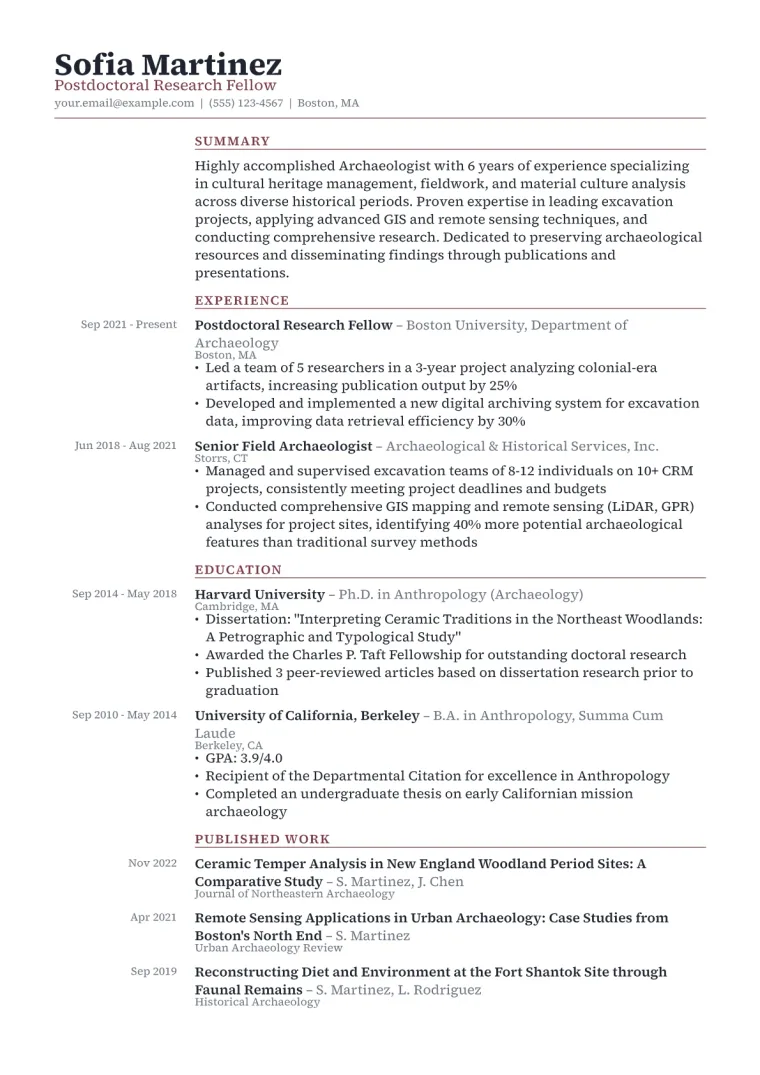 Archaeologist Resume Example CV template preview