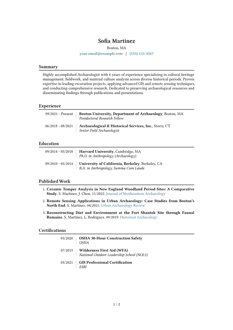 Archaeologist Resume Example CV template preview