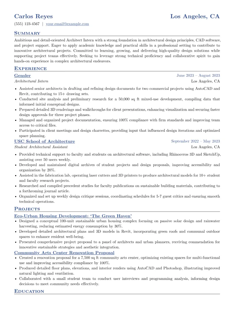 Architect Intern Resume Example CV template preview