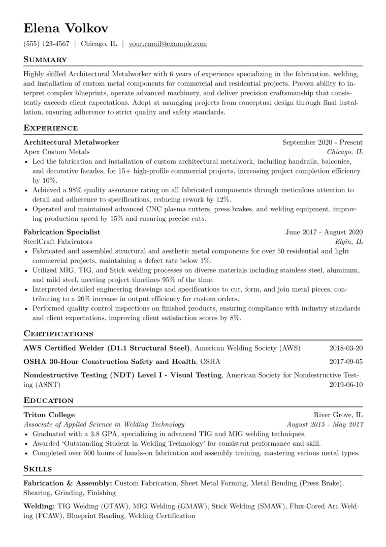 Architectural Metalworker Resume Example CV template preview