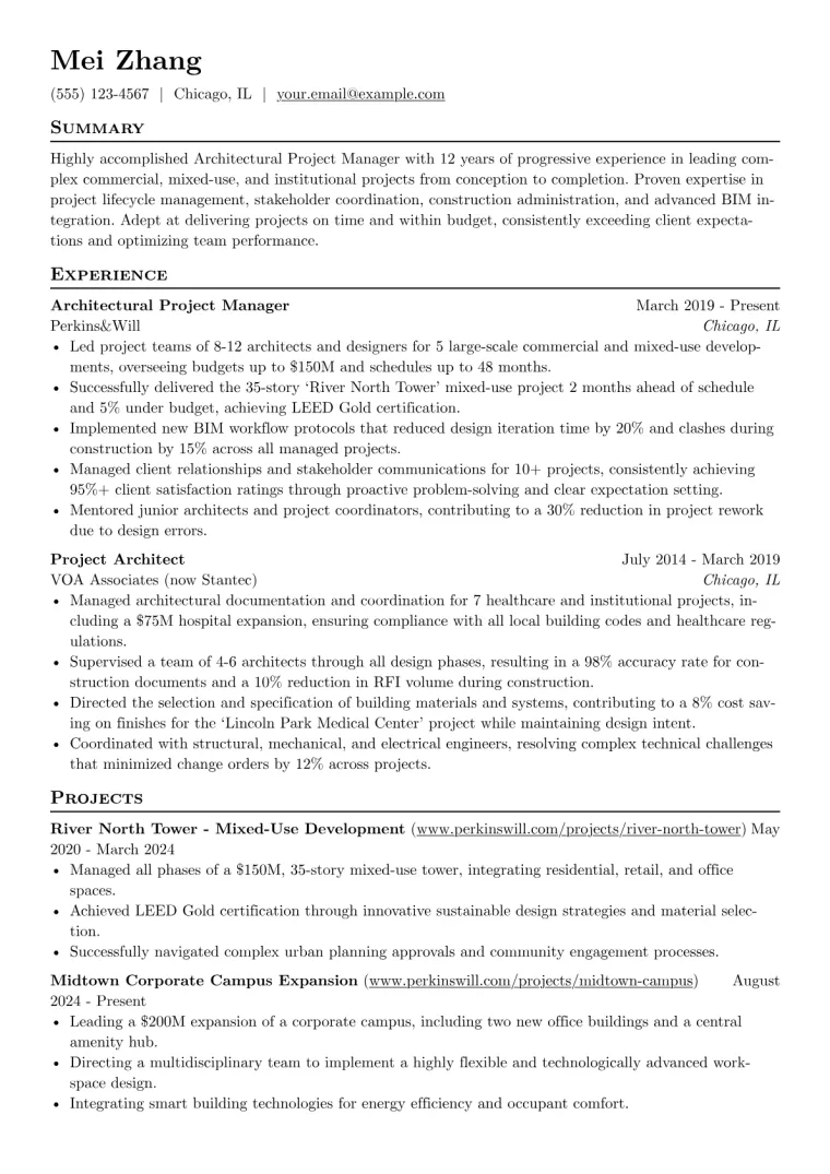 Architectural Project Manager Resume Example CV template preview