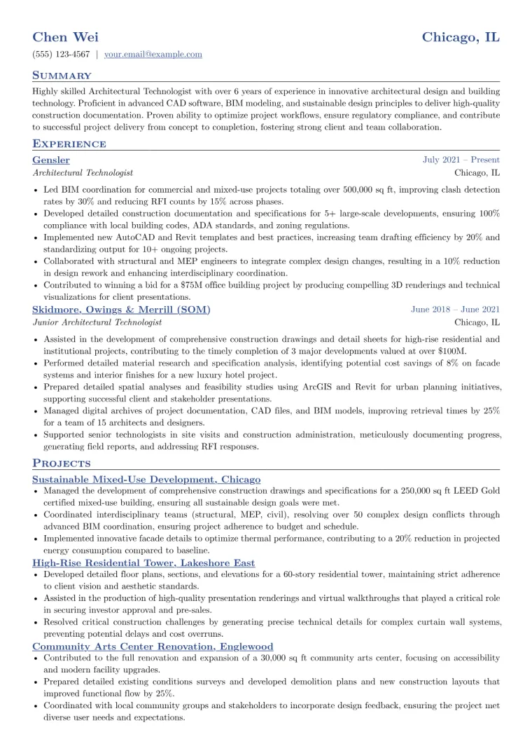 Architectural Technologist Resume Example CV template preview
