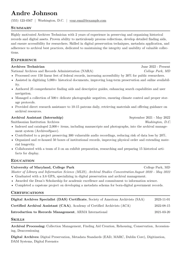 Archives Technician Resume Example CV template preview