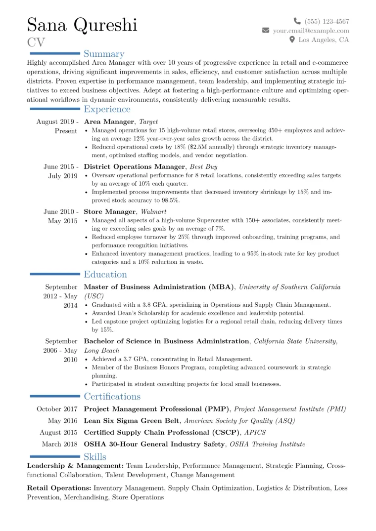 Area Manager Resume Example CV template preview