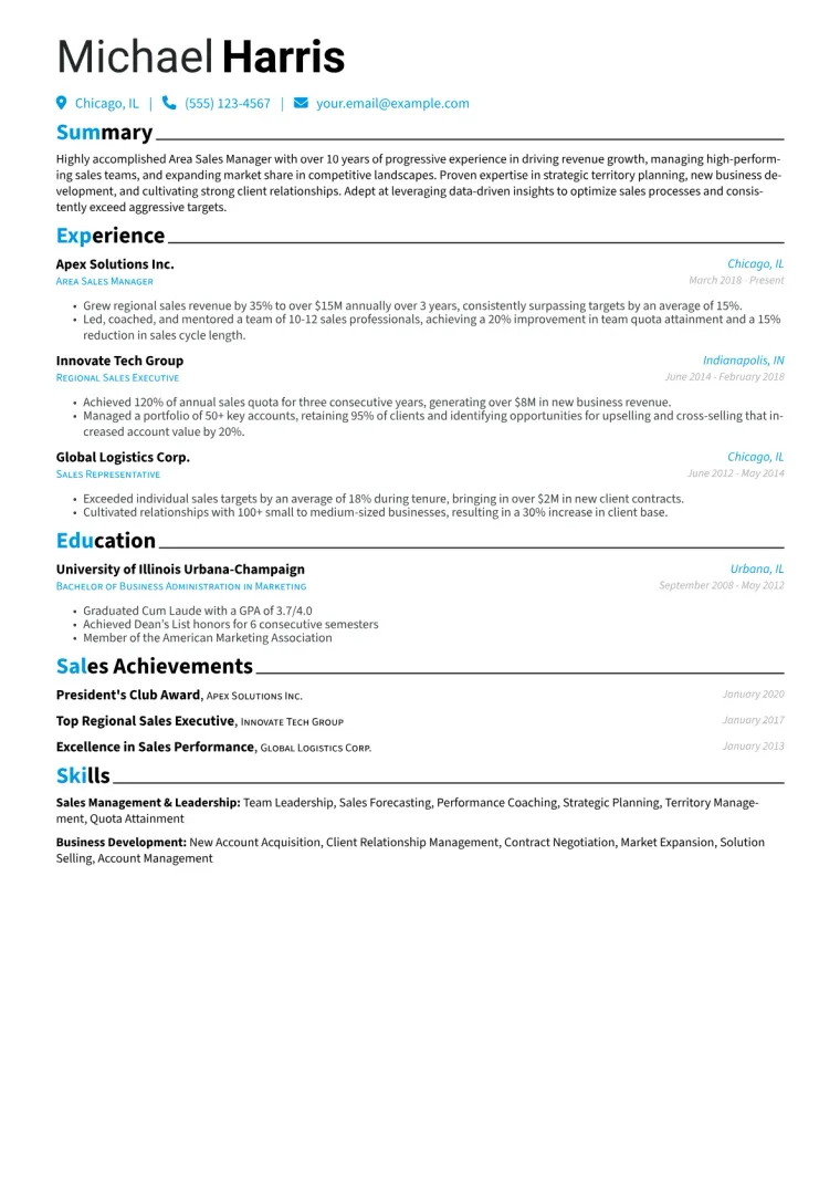 Area Sales Manager Resume Example CV template preview
