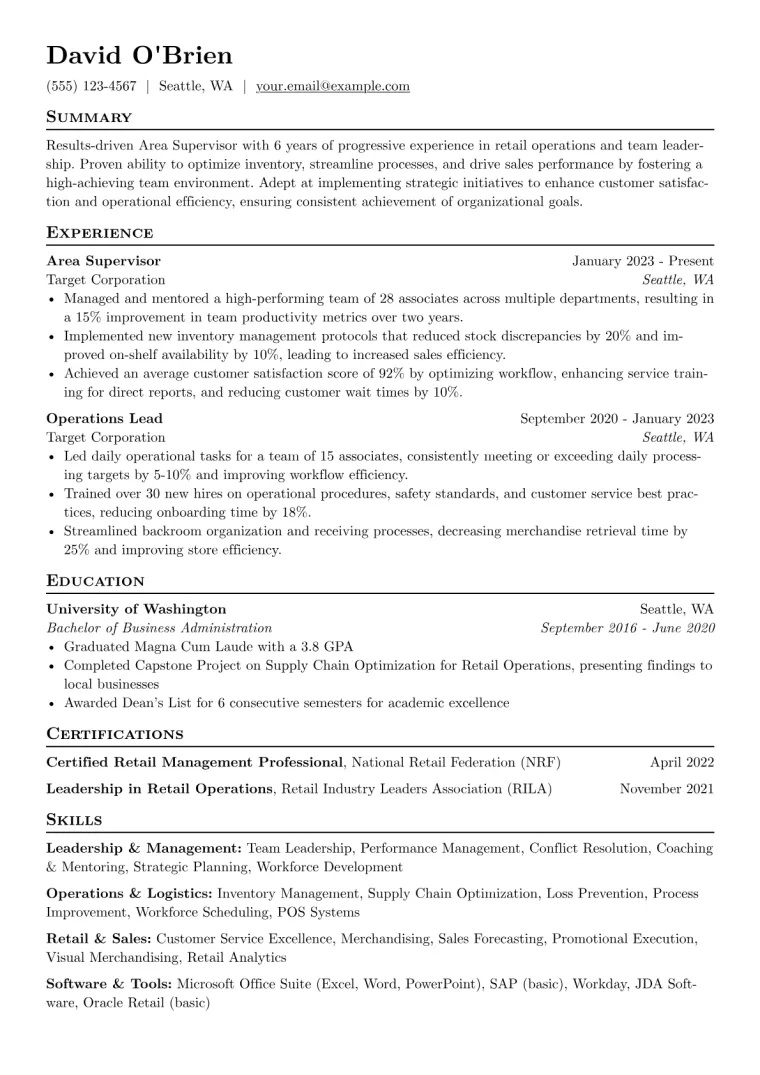 Area Supervisor Resume Example preview
