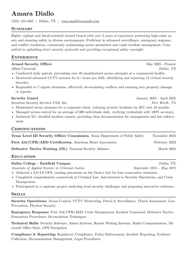 Armed Guard Resume Example preview