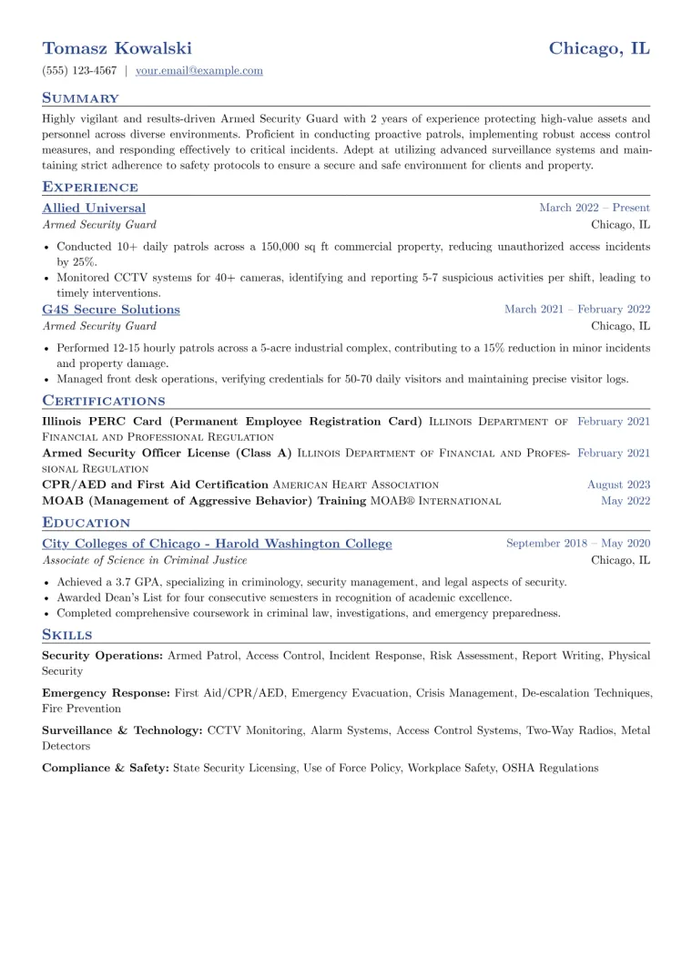 Armed Security Guard Resume Example CV template preview