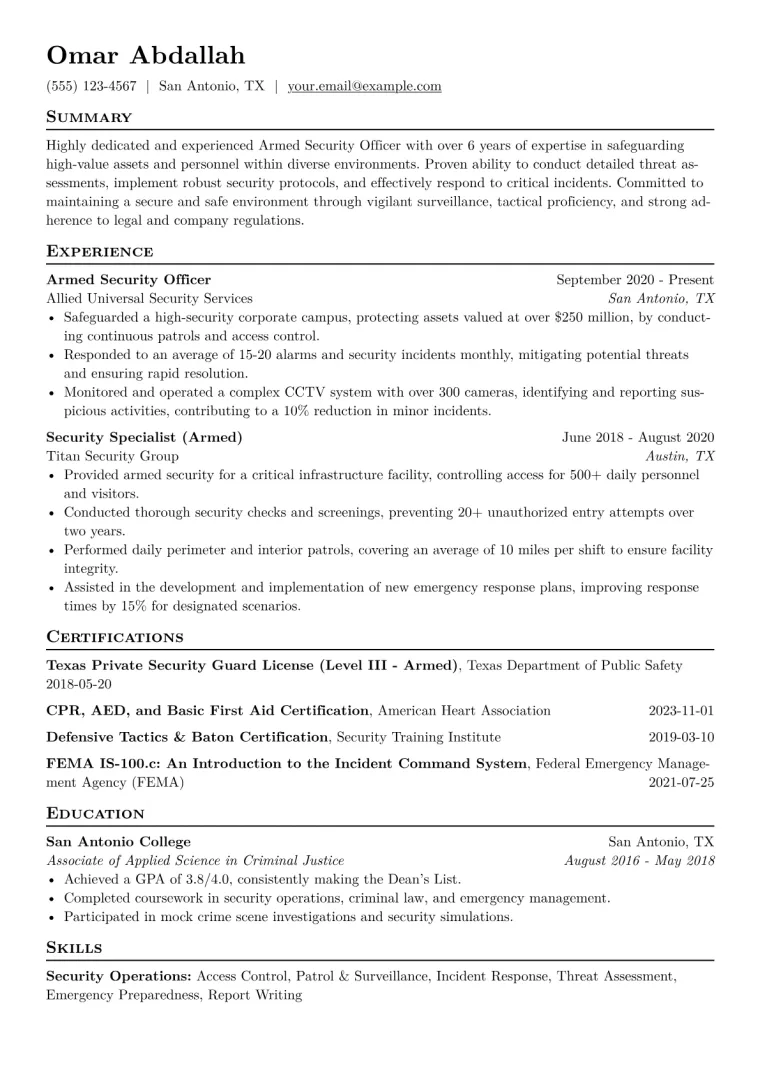 Armed Security Officer Resume Example CV template preview