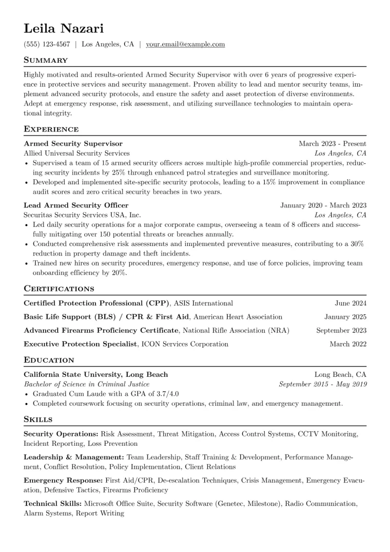 Armed Security Supervisor Resume Example preview