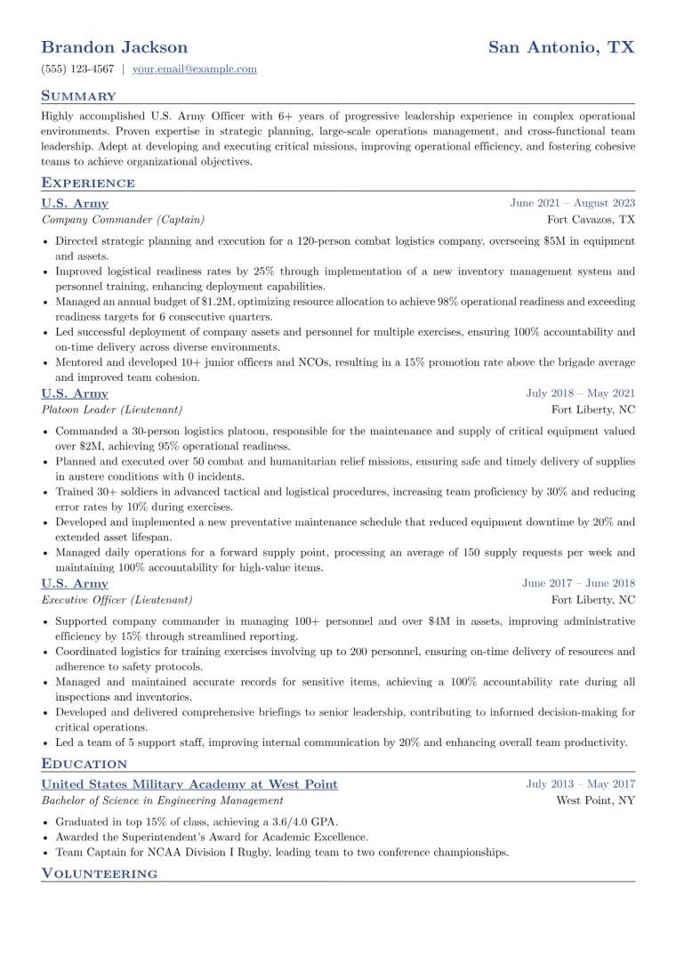 Army Officer Resume Example CV template preview